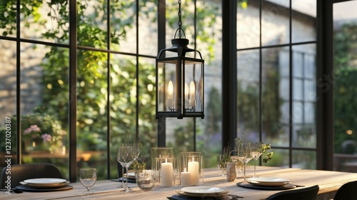 Hanging lantern with a clear glass casing and metal frame, suspended over a rustic farmhouse dining table with candles.