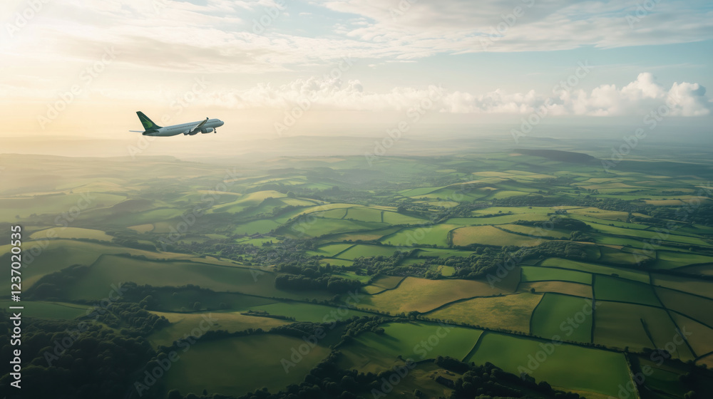 Naklejka premium Airliner Flying Smoothly Above a Vast Green Landscape with Farmland and Rolling Hills Visible Below Under a Clear Sky