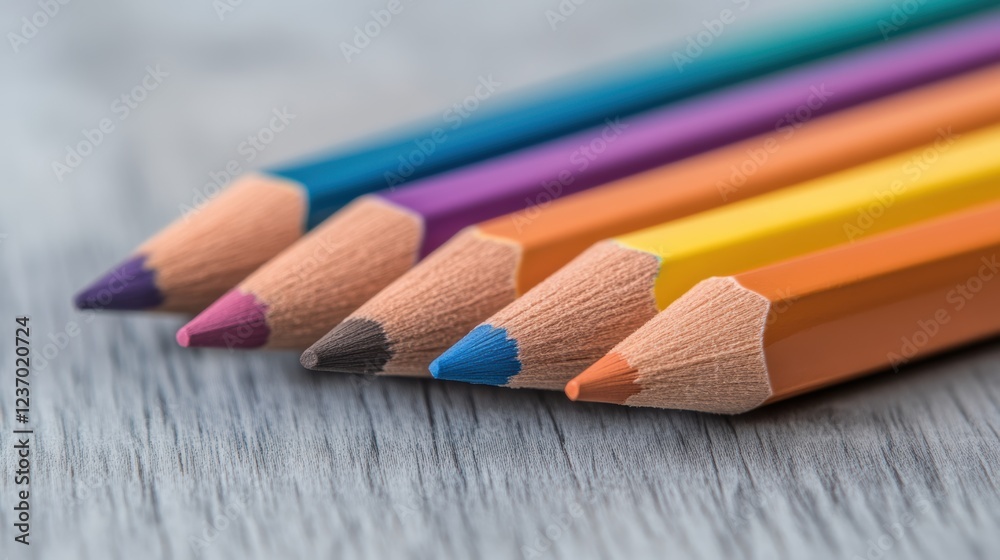 Fototapeta premium A set of neatly arranged colored pencils on a wooden surface, showcasing rich, vibrant hues, perfect for creativity and artistic inspiration.