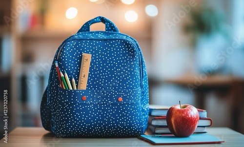 Colorful backpack with school supplies and an apple on a table in a cozy stud...