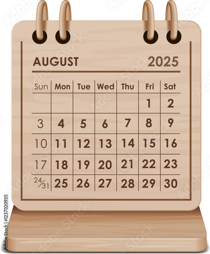 Illustration vector of August 2025 WOODEN and cardboard desktop Calendar