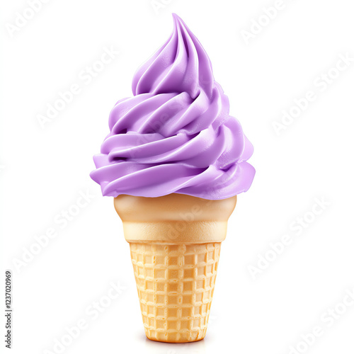 A delightful purple soft serve ice cream cone, enticing and creamy with a whimsical swirl on top, perfect for satisfying sweet cravings on a warm day.