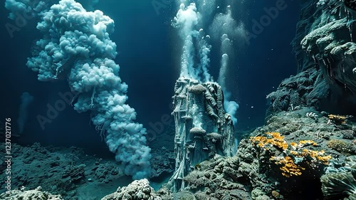 Underwater hydrothermal vent volcanic vents releasing bubbles and minerals in ocean.