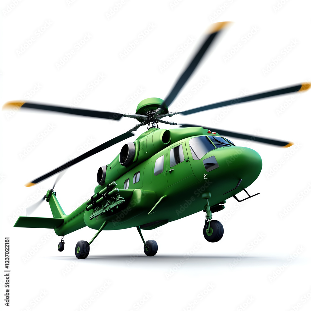 Fototapeta premium A vibrant green military helicopter showcasing its detailed rotor blades and aerodynamic design. Perfect for concepts related to aviation, military, and technology.