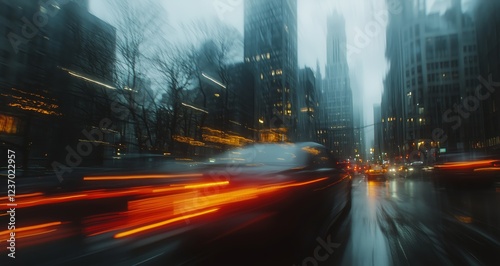 Rainy city evening with blurred car lights and tall buildings in downtown area