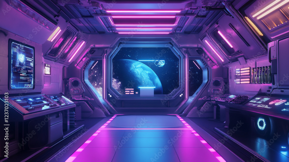 Obraz premium futuristic modern metal sci-fi space neon room with product stand 3d render illustration