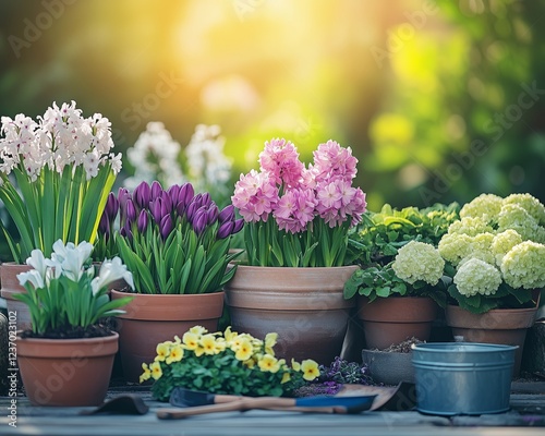Colorful blooming flowers in pots arranged on a wooden table in a lush garden...