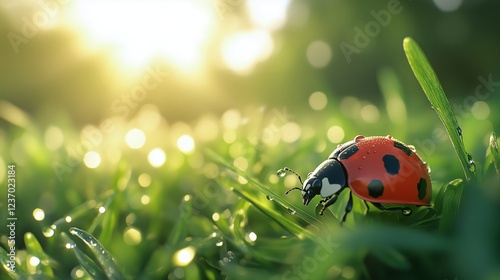 Ladybug crawling on dew-covered grass in the morning sun
