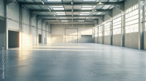 Empty industrial garage room interior with concrete floor and grey walls 3d render illustration
