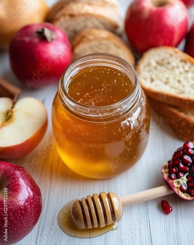 Discovering the sweetness of honey with fresh apples and bread on a rustic table