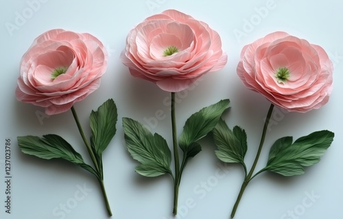 Elegant pink paper flowers arranged on a white background for decoration or c...