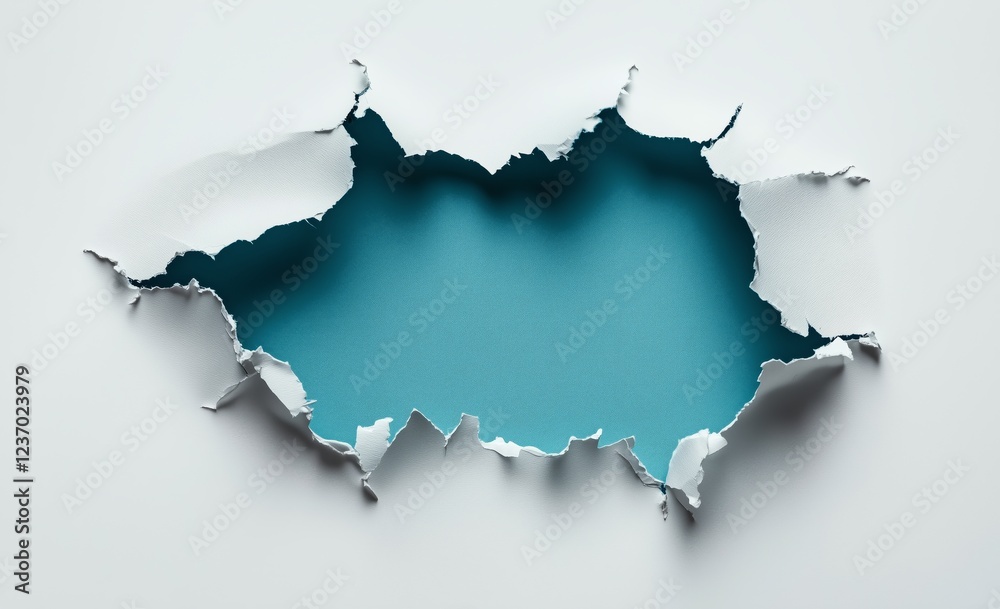 Fototapeta premium Torn paper reveals bright blue background with jagged edges and texture