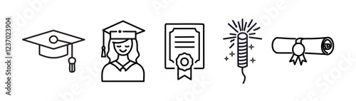 A bold black-and-white icon set featuring graduation caps, diplomas, books, and study symbols