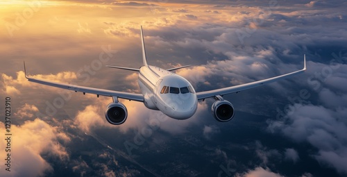 Airplane flying above clouds during sunset with vibrant colors