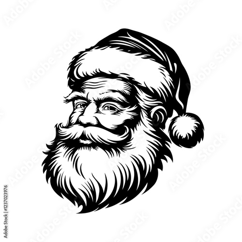 Black and white illustration of a Santa Claus face with a hat. Vector illustration