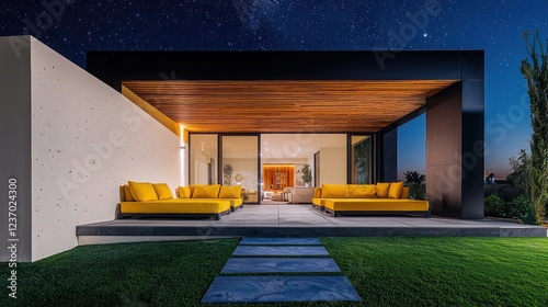 A chic dwelling with ivory walls and a contrasting ebony wooden roof, all under starry night lighting