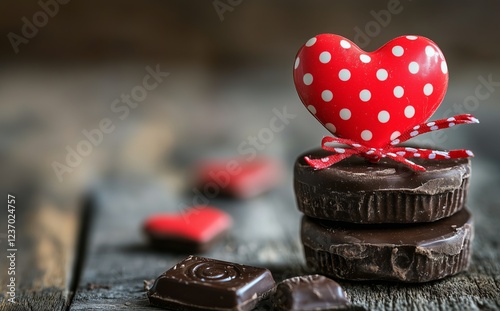 Sweet heart-shaped candies and chocolate cookies on rustic wooden table for c...