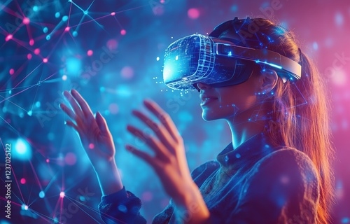 Virtual reality experience with a woman interacting in a digital world at night