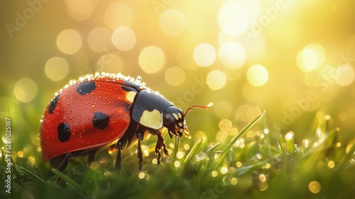 Ladybug on grass with morning dew and sunlight creating a vibrant backdrop