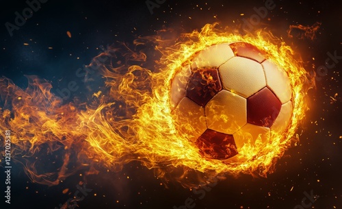 Fireball soccer in action with dynamic flames around the ball during a thrill...