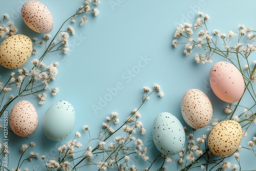 Colorful pastel eggs surrounded by delicate flowers on blue background for sp...