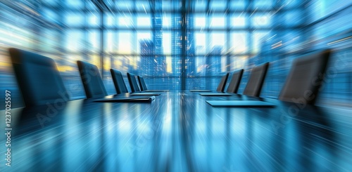 Modern office conference room with city skyline views at sunset