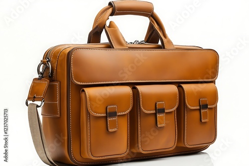 Classic tan leather book bag with a sturdy handle and spacious compartments, ideal for students or professionals.