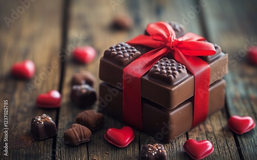 Delicious chocolate gift box with red ribbon and heart-shaped candies on wood...