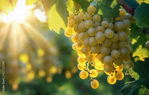 Sunlight illuminates ripe green grapes on a vine in a vineyard during golden ...