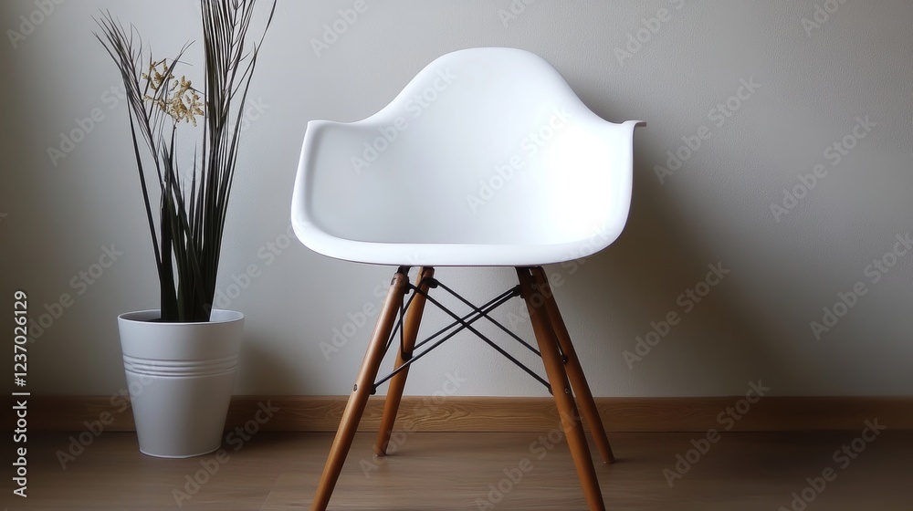 Fototapeta premium Relaxing white chair with stylish wooden legs. It's perfect for reading or enjoying a cup of coffee. The simple design goes well with any room decor.
