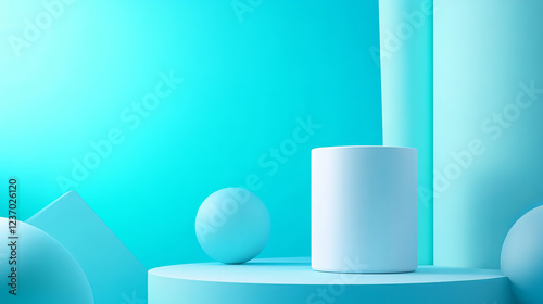 abstract white product showcase with cyan background and white geometric abstract objects 3d render illustration