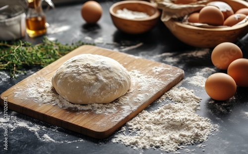 Fresh dough preparation with eggs and ingredients on a wooden board in a cozy kitchen