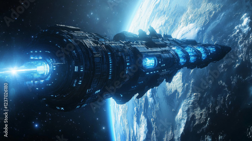 Fototapeta Naklejka Na Ścianę i Meble -  Blue stylish technology space station futuristic glowing background 3d rendering illustration