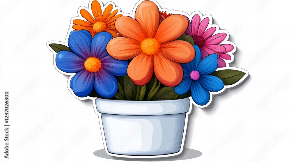 Vibrant bouquet of colorful flowers in a white pot. A cheerful and bright illustration. Vibrant bouquet of colorful flowers in a white pot. A cheerful and bright illustration.