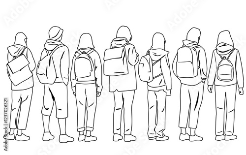 Silhouettes of men and women, group of standing business people with backpacks, back view, profile, freehand drawing, vector, line sketch, black and white, isolated on white background