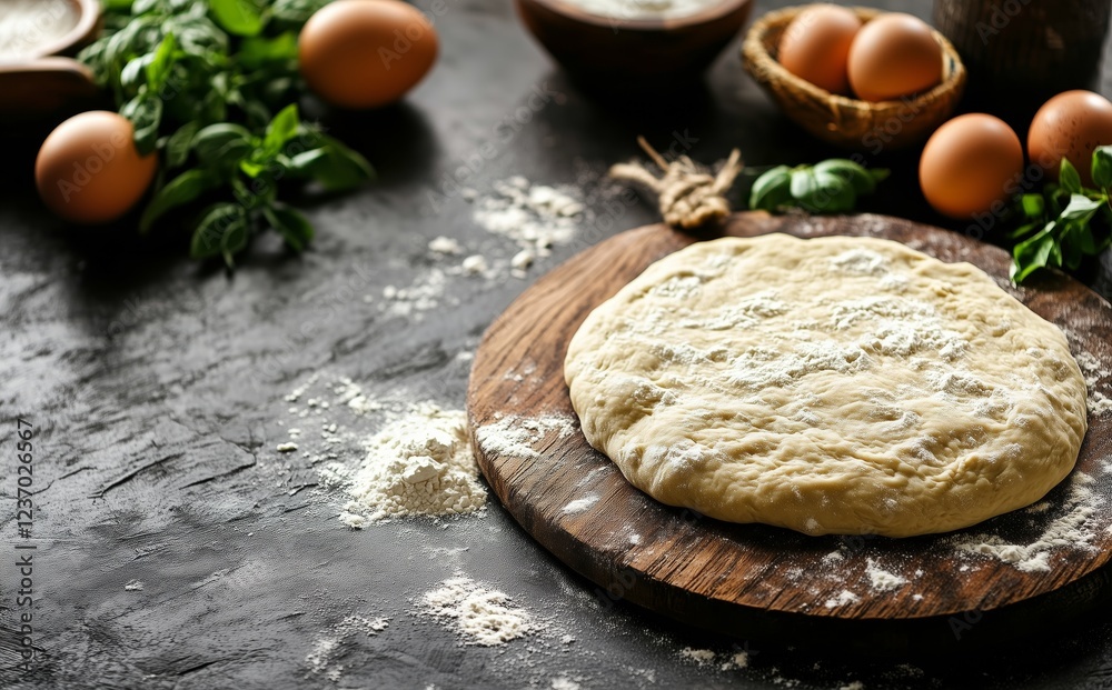Preparing homemade dough with fresh ingredients on a wooden board in a kitchen setting Preparing homemade dough with fresh ingredients on a wooden board in a kitchen setting