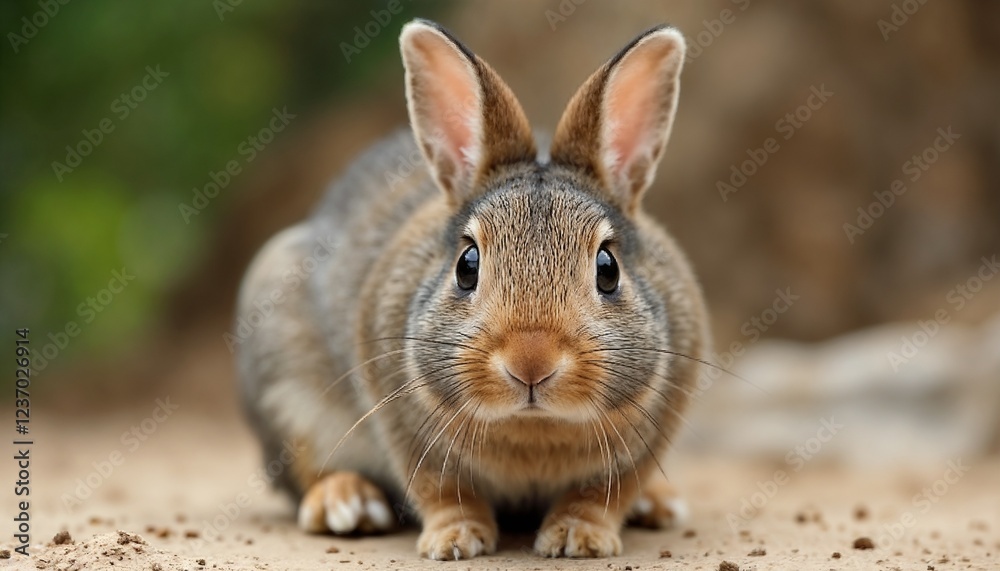 Close-up of a cute rabbit sitting on the ground in a natural environment with greenery in the background Close-up of a cute rabbit sitting on the ground in a natural environment with greenery in the background