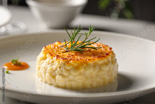 Elegant Gratin Dauphinois with Herb Garnish on Minimalistic Plate, Culinary Art