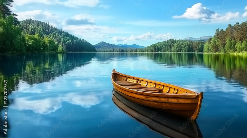 A serene lake with a wooden boat anchored, surrounded by lush green trees and mountains under a clear blue sky. A serene lake with a wooden boat anchored, surrounded by lush green trees and mountains under a clear blue sky.