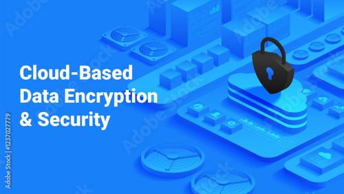 Cloud-based data security and encryption. Digital cloud with a lock and server components. Protect sensitive information in virtual environments. Vector ideal for technology and cybersecurity themes