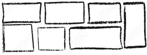 Set of grunge rectangular frames, square shapes drawn in black charcoal, chalk or ink for design, banner, poster, brochure, cover. Rubber Stamps. Vector illustration