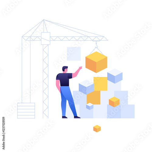 Blockchain Beyond Cryptocurrency technology concept illustration. Person managing interconnected blocks with a crane, symbolizing blockchain applications beyond cryptocurrency in various industries.