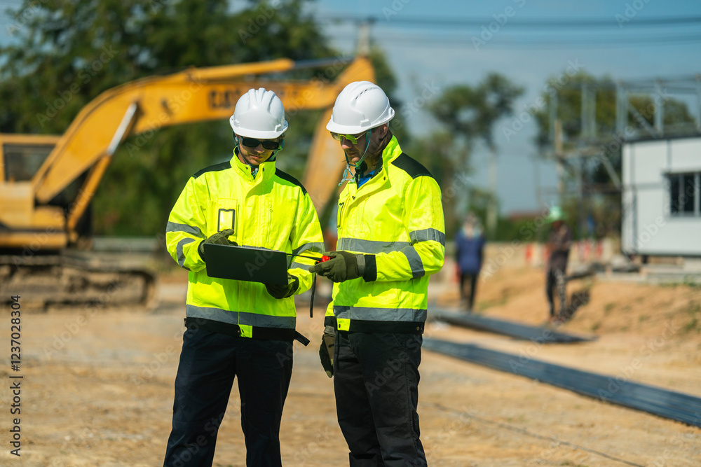 Two engineers in high-visibility jackets and helmets reviewing plans on a laptop at a construction site with an excavator in the background, representing safety, precision, and technological planning. Two engineers in high-visibility jackets and helmets reviewing plans on a laptop at a construction site with an excavator in the background, representing safety, precision, and technological planning.