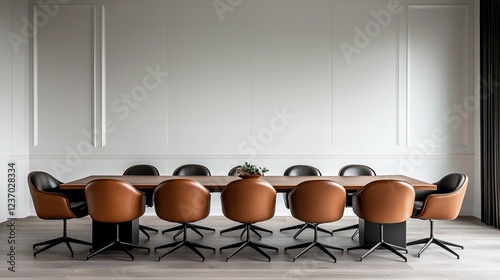 Chic boardroom with polished walnut table and leather chairs for meetings