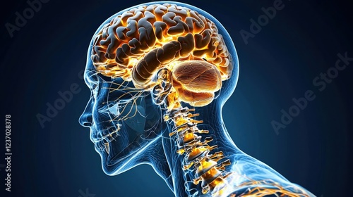 Artistic representation of human brain and spine highlighting neural connections