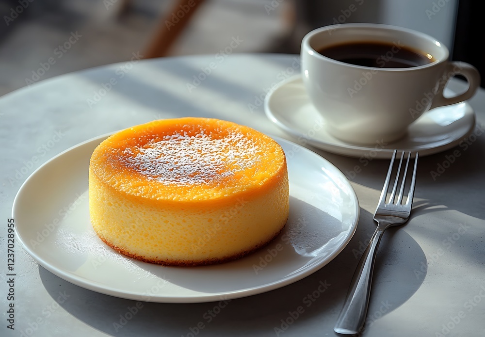 Delicious golden-brown baked dessert on a plate with coffee and fork nearby, bathed in sunlight. Delicious golden-brown baked dessert on a plate with coffee and fork nearby, bathed in sunlight.