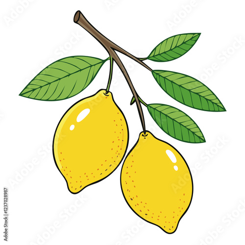 Lemons on a branch with leaves vector color illustration in line art style. Drawing of ripe citrus fruits sketch for packaging and design.