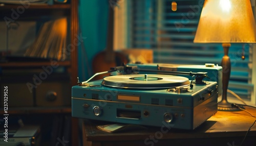 An image of a classic blue record player evoking nostalgia for the past photo