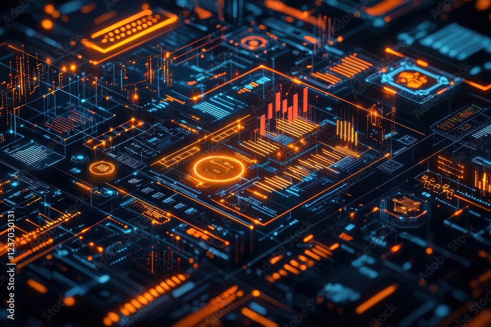 Futuristic isometric digital interface showcasing data analysis and behavioral analytics Futuristic isometric digital interface showcasing data analysis and behavioral analytics