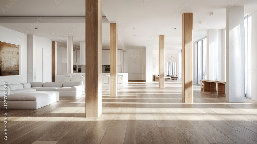 Fototapeta premium Empty white apartment with parquet wood floor with pillars 3d render illustration